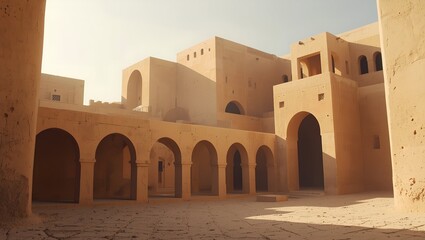 Desert fort courtyard with sunlit archways and geometric architecture, a historical building with warm, earthy tones under a bright sky