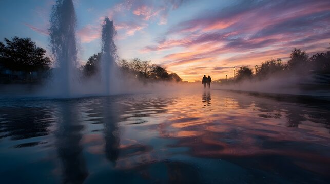 Silhouettes of a couple walk beside a misty fountain at sunset their reflections shimmering in the colorful water