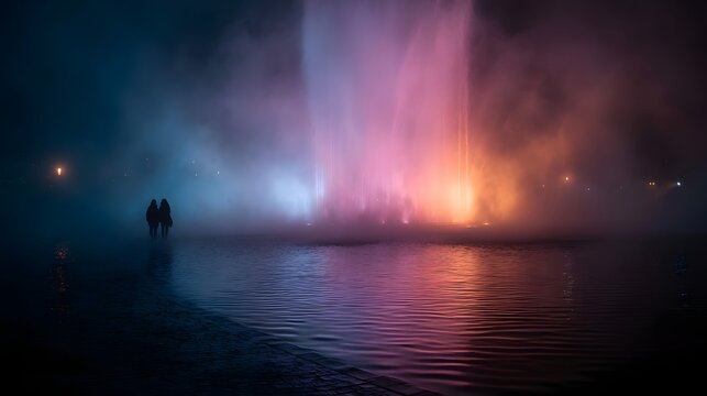 A couple walks by a colorful fountain at night illuminated by vibrant lights creating a misty atmosphere over a reflective pond - Powered by Adobe
