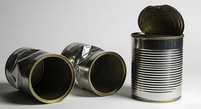 Three empty crushed and opened tin cans isolated on white background