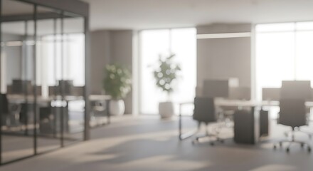  Modern Office Interior: A bright, contemporary office space with sleek design elements, featuring desks, chairs, and potted plants, all bathed in soft, natural light.