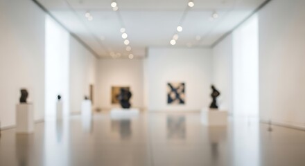 Art Gallery's Ambiance: An artistic gallery, bathed in soft light, features modern art and sculptures. This photo is a perfect fit for decor and promotion.