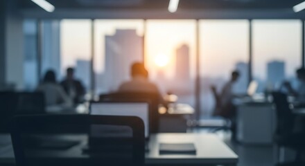 Sunrise in the Modern Workspace: Capturing the silhouettes of employees hard at work in a contemporary office setting with large windows. Revealing a cityscape in the backdrop.