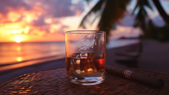 Amber spirit with ice and a cigar on a woven surface against a vibrant sunset