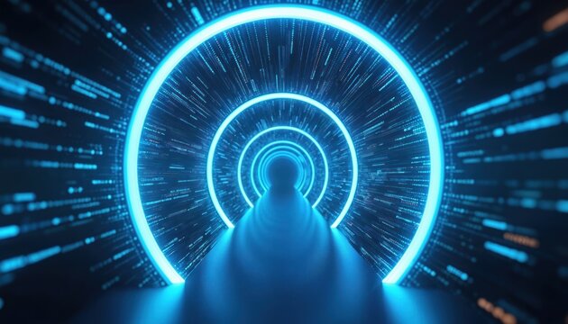 Abstract blue digital tunnel features bright glowing rings. Fast data stream moves through dynamic cyberspace pathway. Tech background shows future networks, virtual reality, connection, speed.