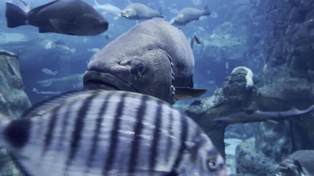 Argyrosomus regius, also called meagre or croaker, appears first facing the camera, then in profile. Filmed at the San Sebastian aquarium in Spain. Check my portfolio for more croaker footage.