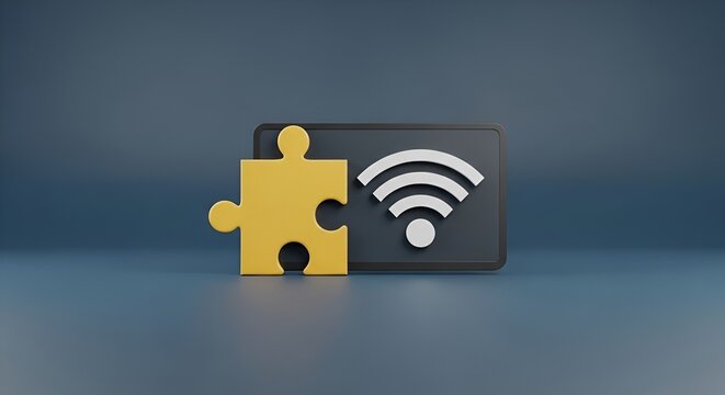 A yellow puzzle piece next to a gray square with a white wifi symbol on a blue gray background