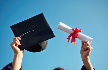 Graduate holds diploma and cap against clear blue sky. Student celebrates academic success. Person achieves education goal, starts new life path.