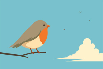 A minimalist flat vector illustration of a small bird perched on a thin branch against a bright blue sky