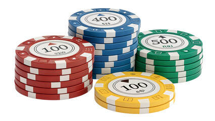 The pocker casino chips of the different colors. Pile of Casino pocker gambling chips. Casino or pocker chips isolated on transparency background.
