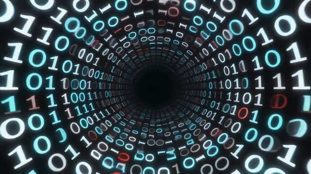 Digital Tunnel of Binary Code 0s and 1s Flowing into a Vortex, Abstract Technology and Data Concept