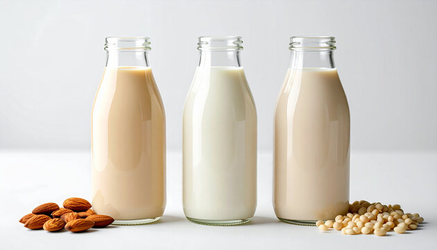 Glass bottles of vegan alternative milks. Almond, rice and soy, healthy vegetarian presentation