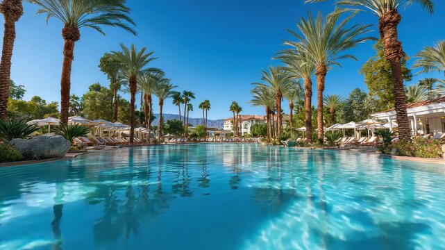 Luxurious Resort Swimming Pool Lined With Palm Trees Under A Clear Blue Sky On A Sunny Day With Lounge Chairs And Distant Mountains
