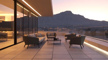 Fototapeta premium Modern Balcony with Sunset Mountain View