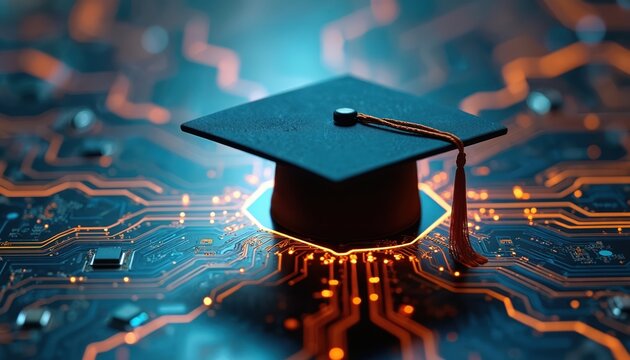 Graduation cap is on circuit board. It symbolizes education, tech fusion. Concept for future, career in digital world. Online learning and smart graduation, AI, tech advancement. Modern empowerment.