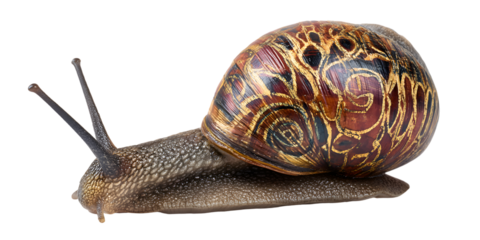 Detailed close up of a garden snail with a patterned shell on a black background