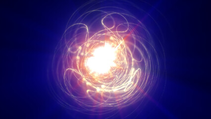 Abstract glowing fusion sphere with intertwined golden and blue light trails, symbolizing cosmic balance, energy, and digital creation