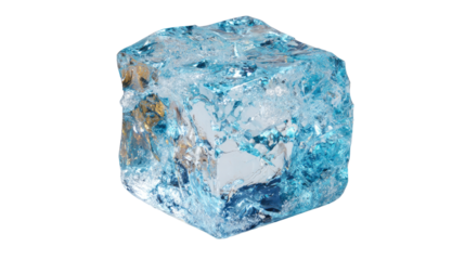 Ice cube with light blue color and cracked frozen surface showing frosty refreshing texture for cold winter theme isolated on white background