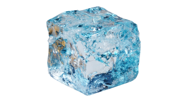 Ice cube with light blue color and cracked frozen surface showing frosty refreshing texture for cold winter theme isolated on white background