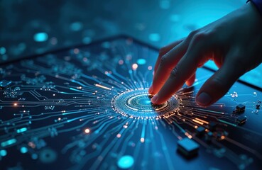 Close-up of hand interacting with circuit board displaying glowing digital patterns. Touch activates central light source innovation, technological advancement. Futuristic, abstract design evokes