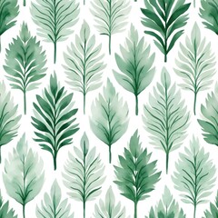 Mint green leaves pattern repeats seamlessly. Watercolor art shows natural foliage in varied shades. Clean background suits textile, wallpaper, graphic design.