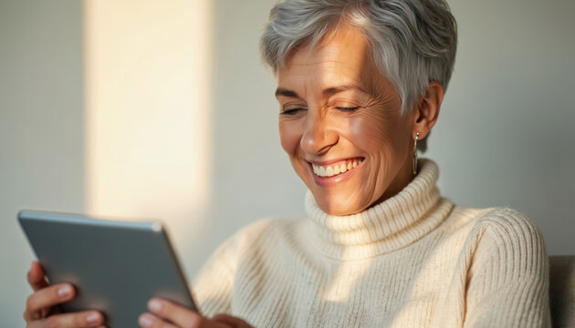 Happy senior woman using tablet indoors. Elderly lady smiles while browsing internet. Lady enjoys tech communication. Modern older person happy with new gadget device - Powered by Adobe