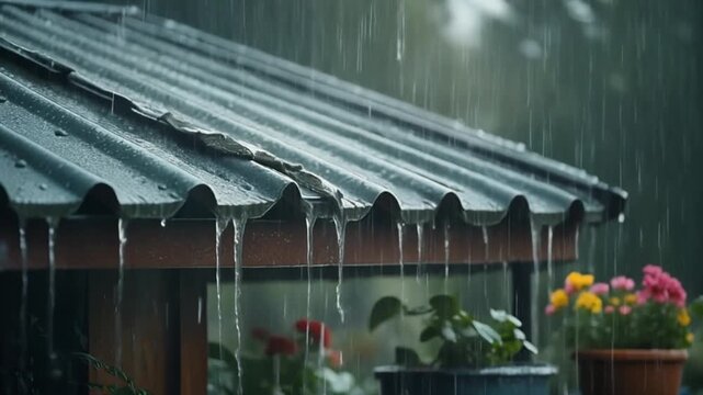 Rain falling on a roof during a storm, with plants in the foreground