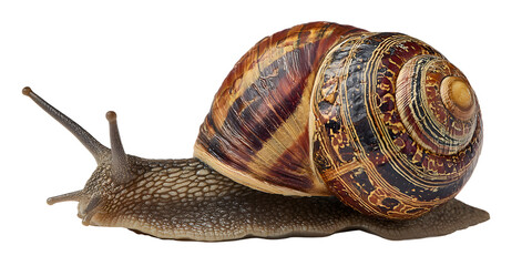 Detailed close up of a garden snail with a colorful patterned shell on a black background