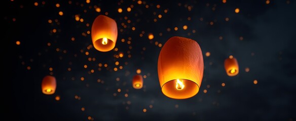 Fototapeta premium The glowing lanterns float upward like fireflies dancing in the night air