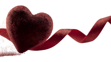 Textured red heart wrapped in a flowing ribbon on black background