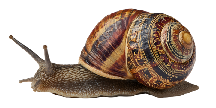 Detailed close up of a garden snail with a colorful patterned shell on a black background