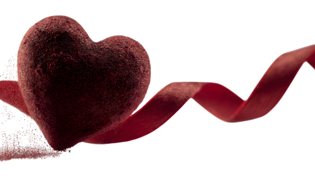 Textured red heart wrapped in a flowing ribbon on black background