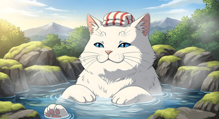 온천을 즐기는 거대한 흰색 고양이 애니메이션 스타일.