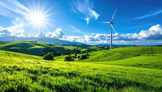 Sunny day with wind turbine in green landscape