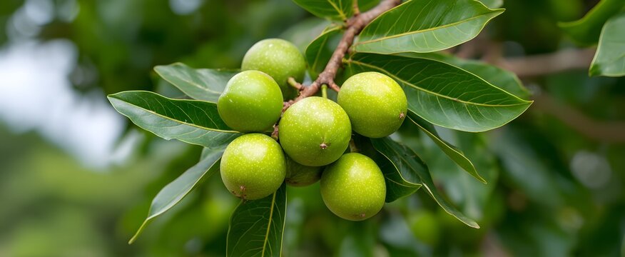 The vibrant cluster of macadamia nuts hangs on lush green orchard branches
