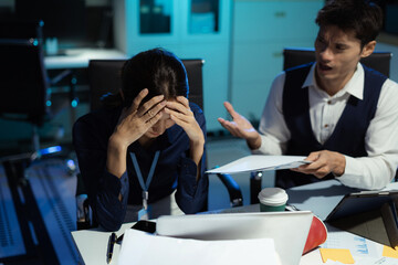 Colleague angry and blames the people for poor work, business people failure is not satisfied with the report.