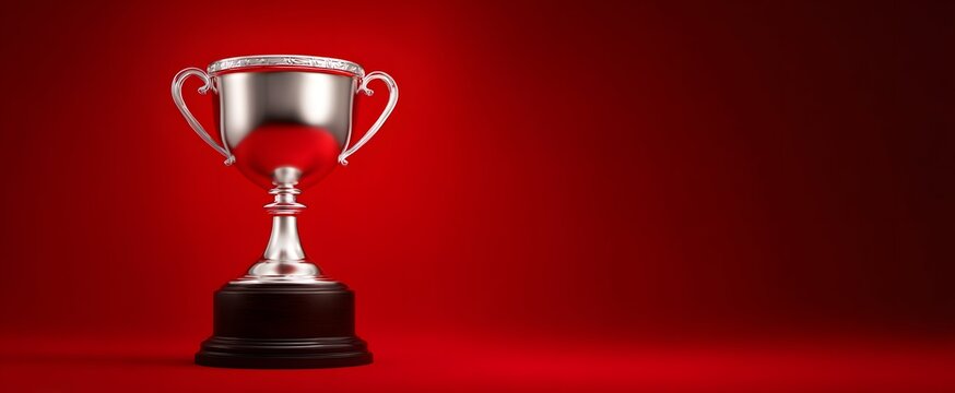 The trophy cup shines brightly against a bold red background symbolizing triumphant achievement.