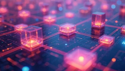 Glowing digital symbols in abstract form on circuit board. Modern coding and tech concept with neon lights. Digital background with futuristic design.