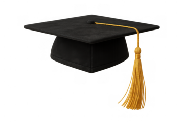 Graduation cap with yellow tassel on transparent background, symbolizing academic achievement, education, and success