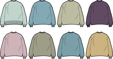 Collection of colorful crew neck sweatshirt fashion flat sketches for design and illustration projects