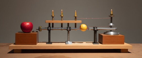 Physics demonstration using apparatus to illustrate fundamental motion and force concepts.