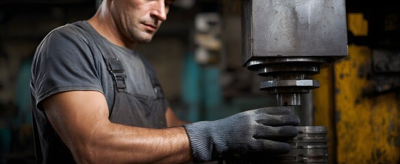 Metalworker using heavy-duty press with safety gloves on hands.
