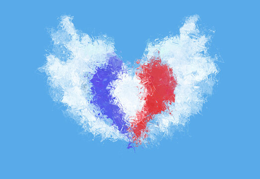 Heart shaped cloud in French flag colors - abstract digital painting of France love and pride