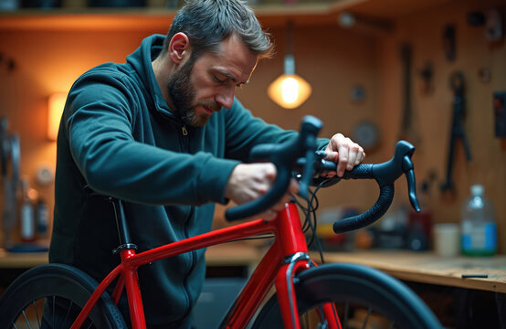 Man repairs his road bicycle at home workshop. Mechanic adjusts handlebar on red bike. Bike maintenance is crucial for safe cycling and fitness exercise for healthy lifestyle.