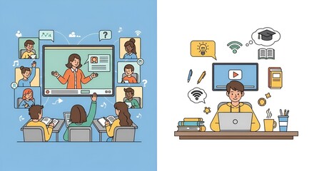 Illustration showing online learning setup with teacher and students in virtual classroom and home study