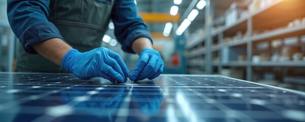 Worker in blue gloves precisely assembles solar panel in modern factory. Person works on green energy tech production. Manufacturing renewable electric power equipment. Hands carefully place