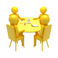 Four yellow stylized figures gathered around a table with coffee cups and cards