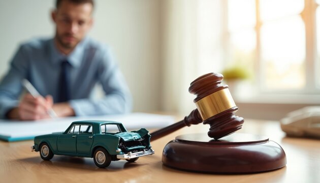 Gavel near car model at lawyer desk. Attorney drafts legal documents about auto insurance claim. Car accident law expert advises about justice and litigation process for vehicle damage.