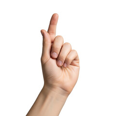 A clean human hand forming a pinky promise gesture, pinky extended and curved, other fingers curled, against a seamless transparent studio background. Concept of trust and agreement