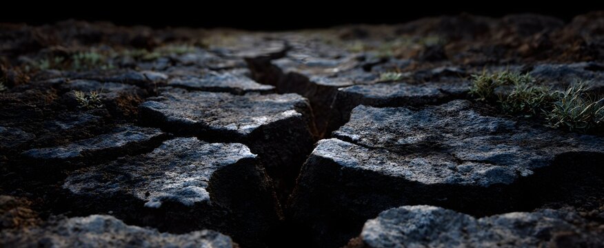 Cracked dried earth displaying prominent deep fissures across the soil surface.